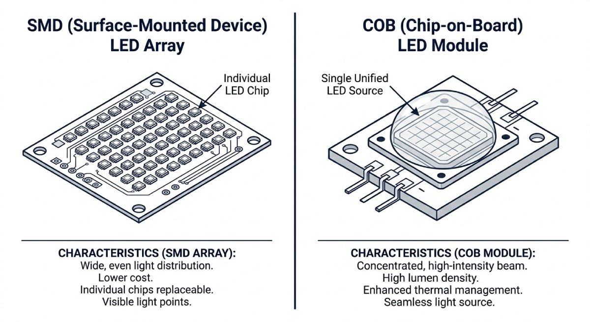 Schéma comparatif technologie SMD vs COB LED - Rodalight