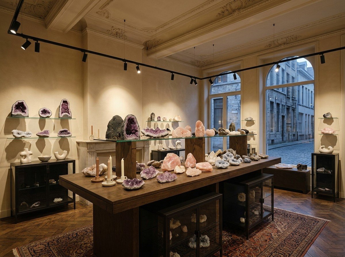 Vitrine de pierres et minéraux mise en valeur par un éclairage ponctuel