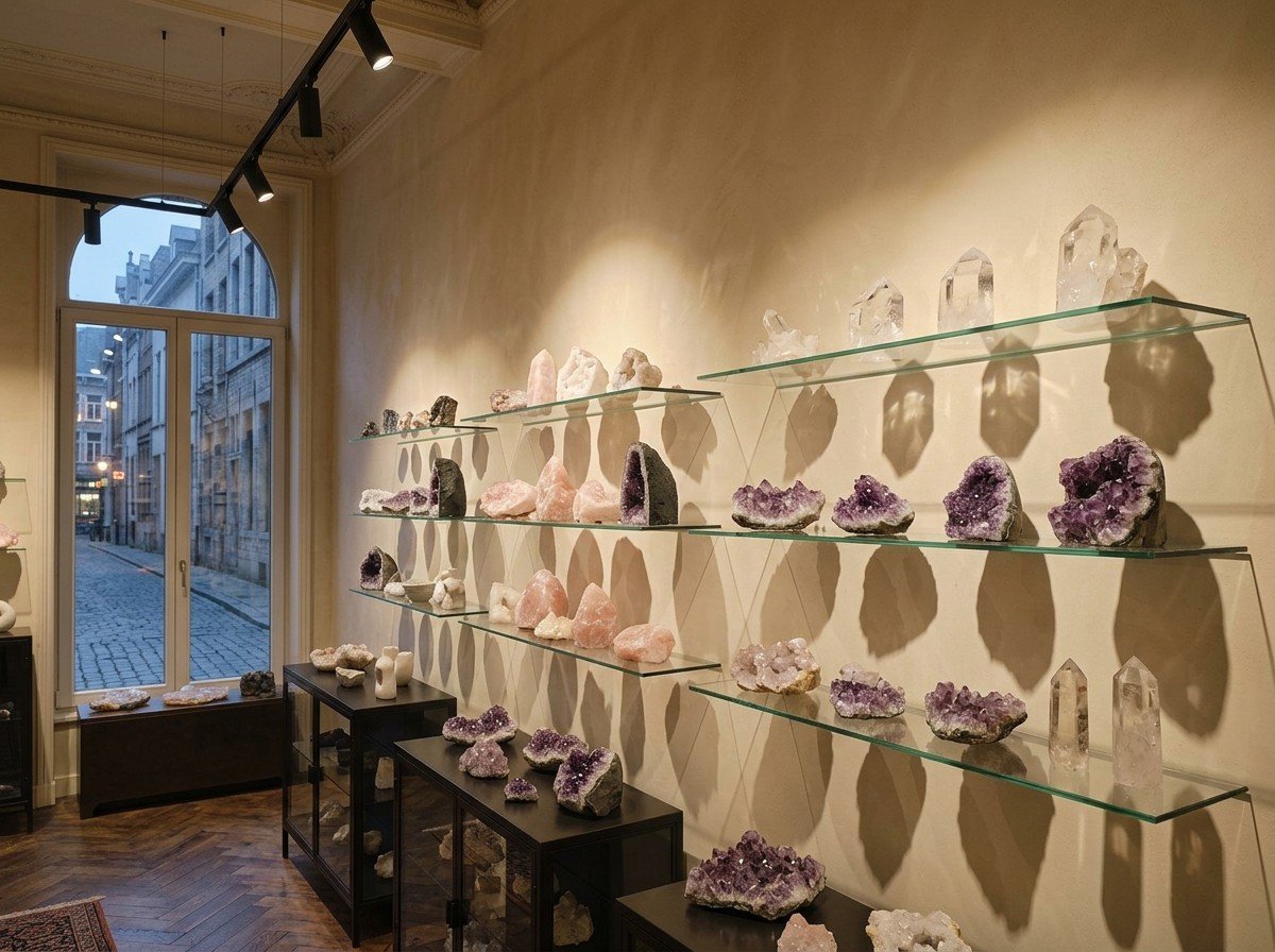 Vitrine de pierres et minéraux mise en valeur par un éclairage ponctuel